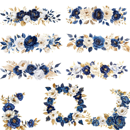 Clipart floral azul real en acuarela