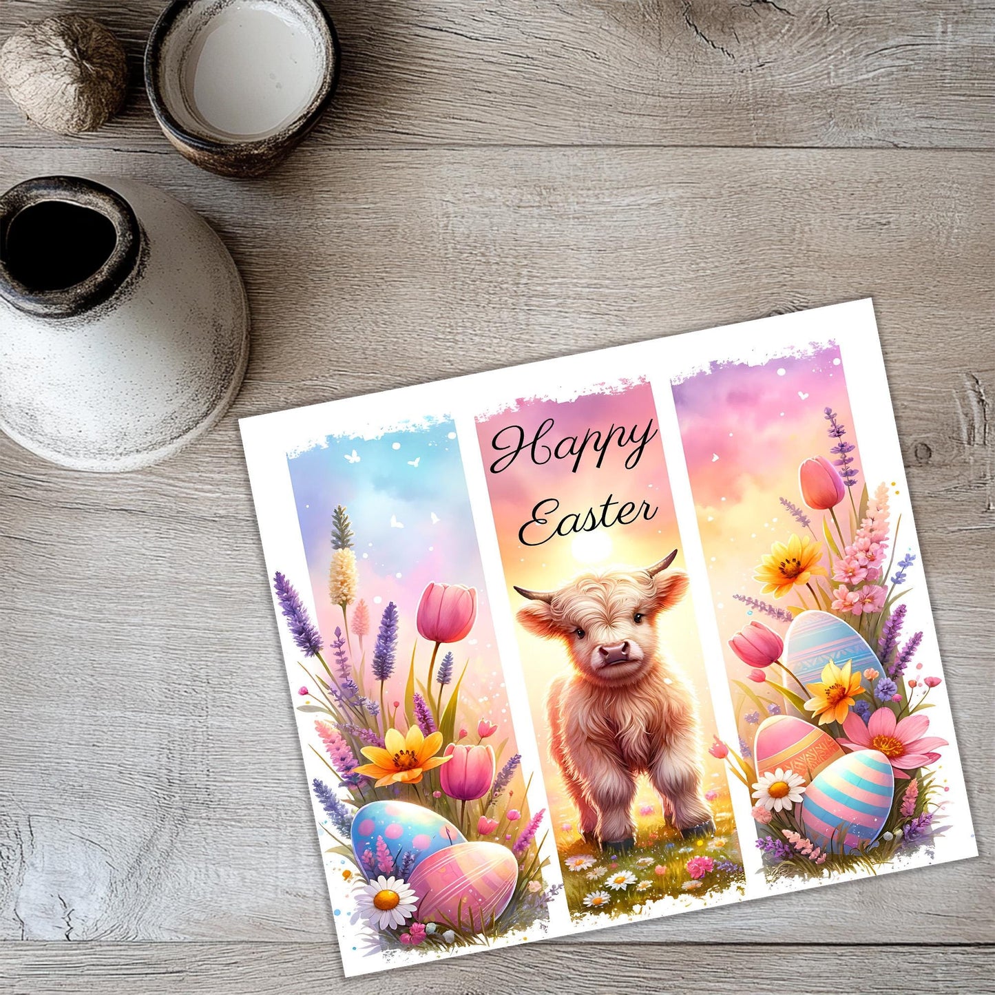 a card with a picture of a cow and eggs