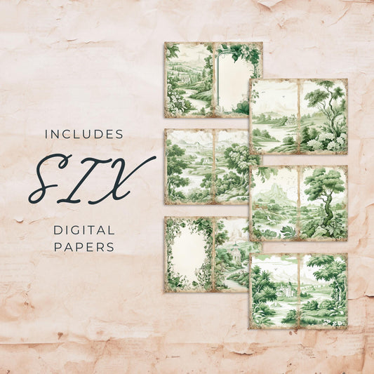 Páginas de diario basura en toile verde | 6 páginas de diario digital en verde francés | Diario basura francés | Papel digital | Tamaño de papel EE. UU. | JJ034