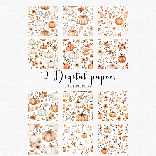 12 digital papers with pumpkins and flowers