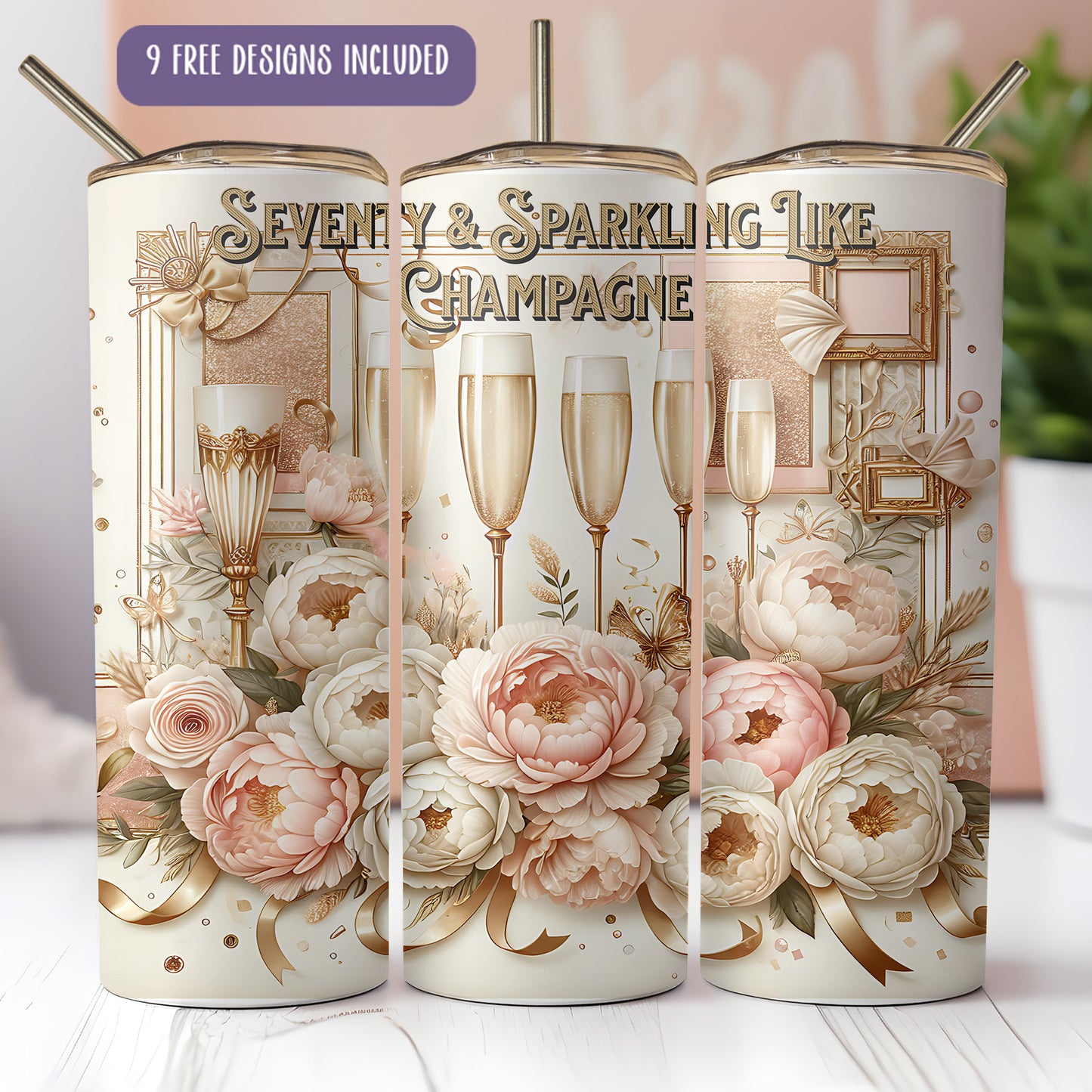 three champagne-themed tumblers with floral designs and champagne glasses.