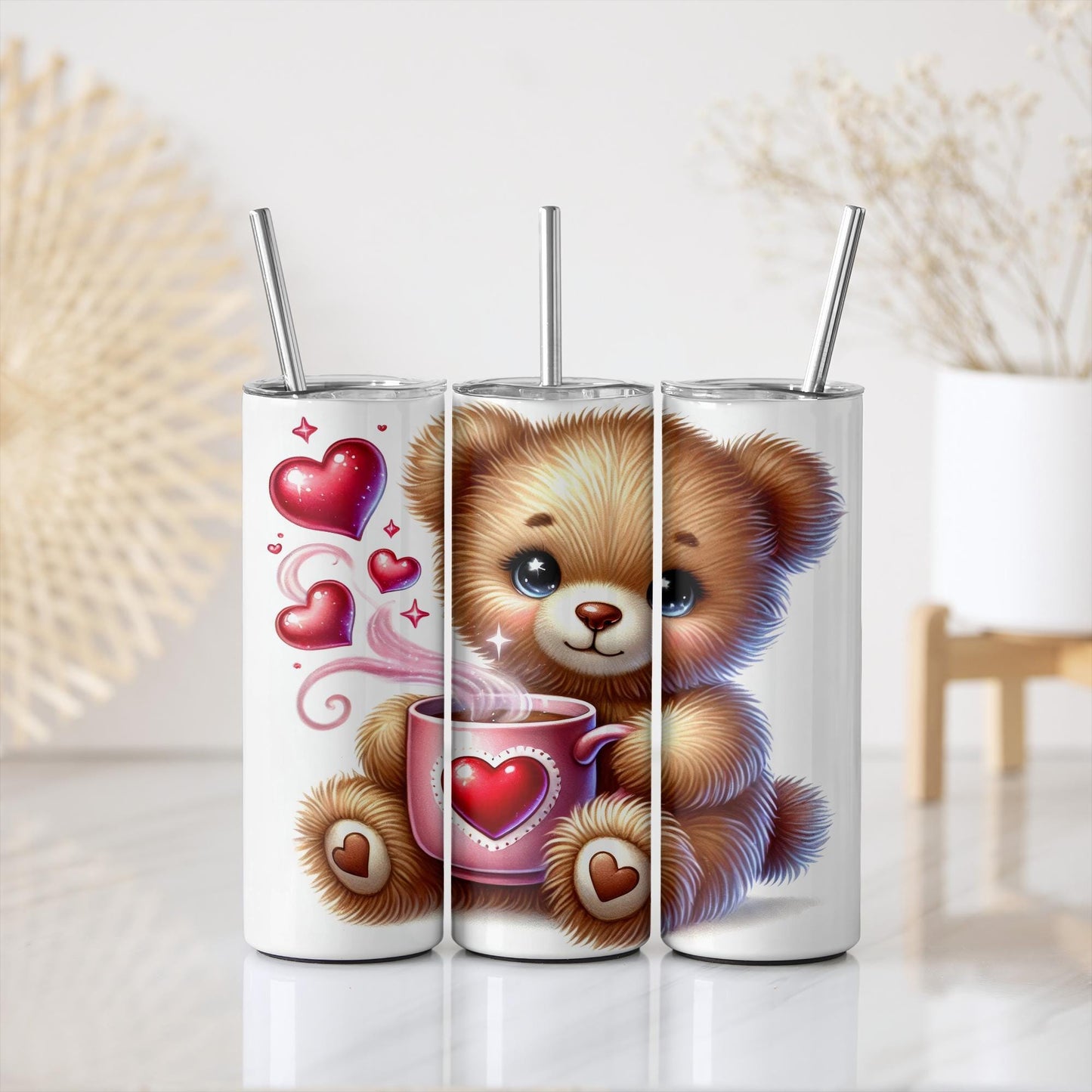 a picture of a teddy bear with a cup of coffee