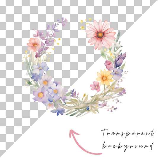 Clipart individual de corona de flores silvestres pastel