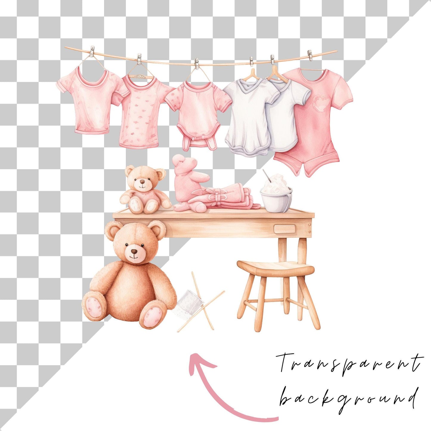 Tendedero de ropa de bebé en acuarela - Rosa