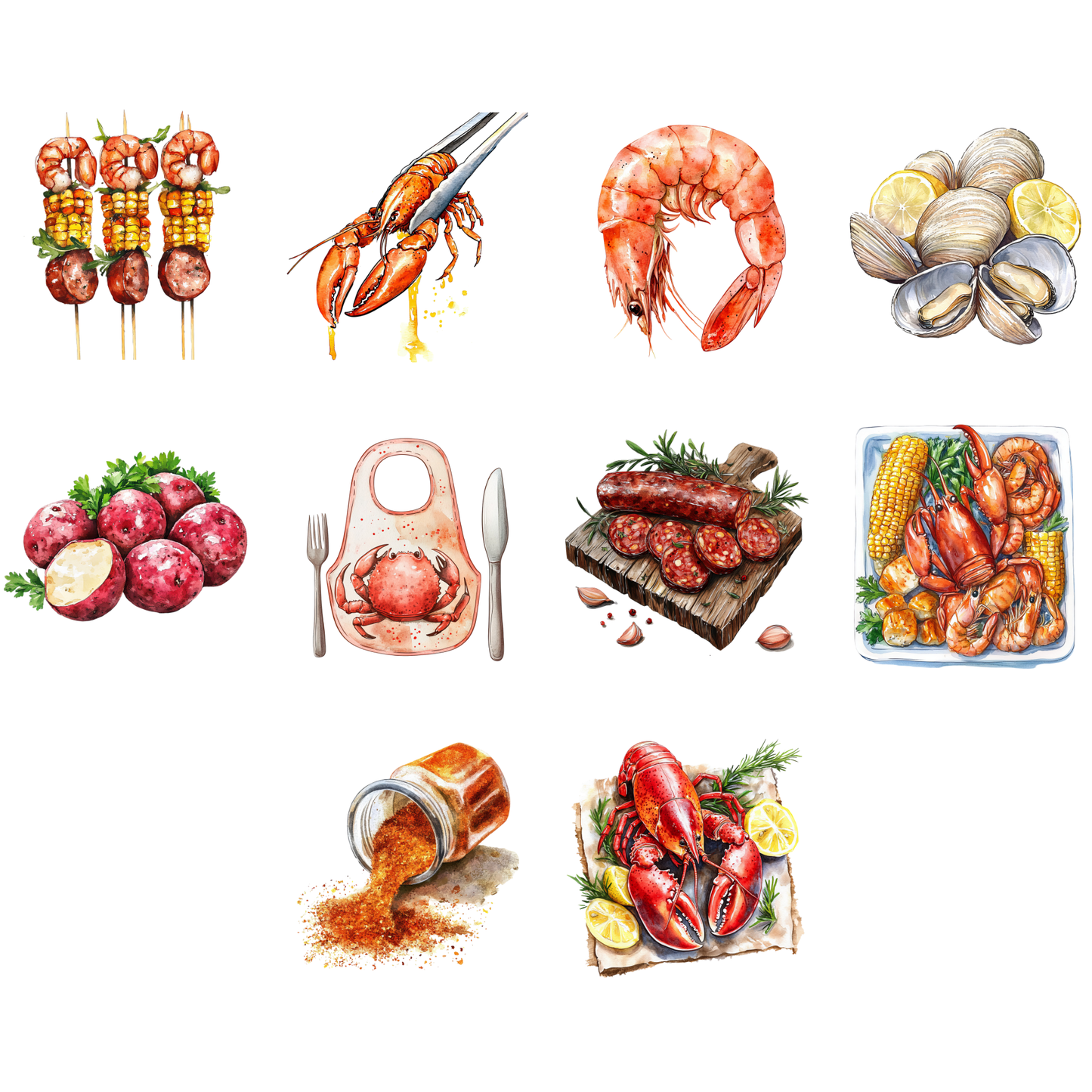 a painting of different types of food on a white background