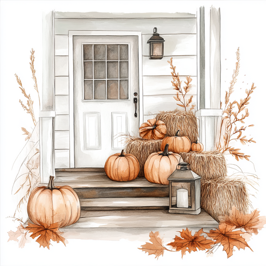 A white wooden door with a window, flanked by two hay bales and decorated with pumpkins and autumn leaves, creating a festive autumn scene.
