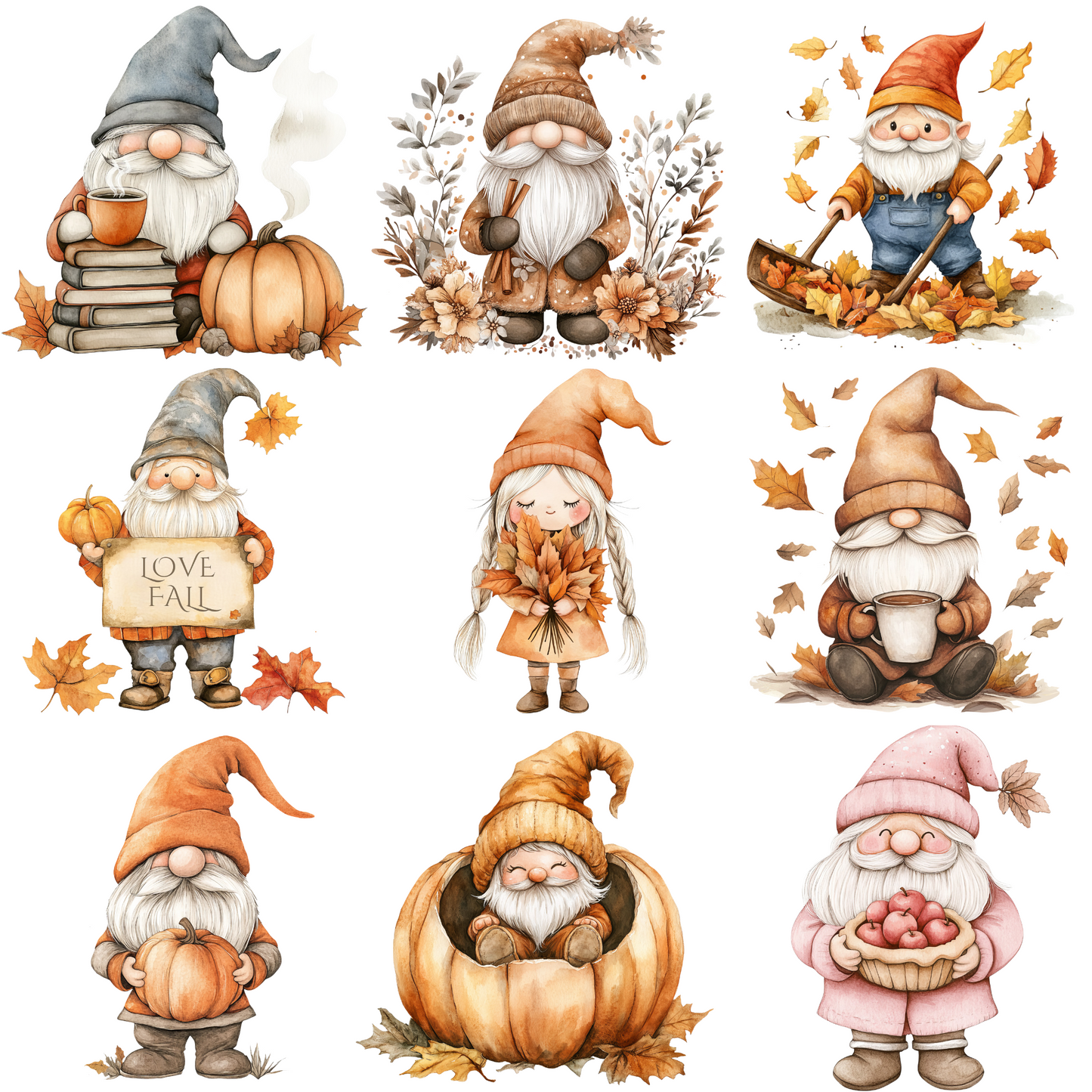 a group of gnomes sitting on top of pumpkins
