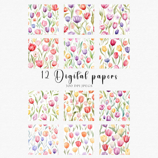 Papeles digitales florales de tulipanes en acuarela