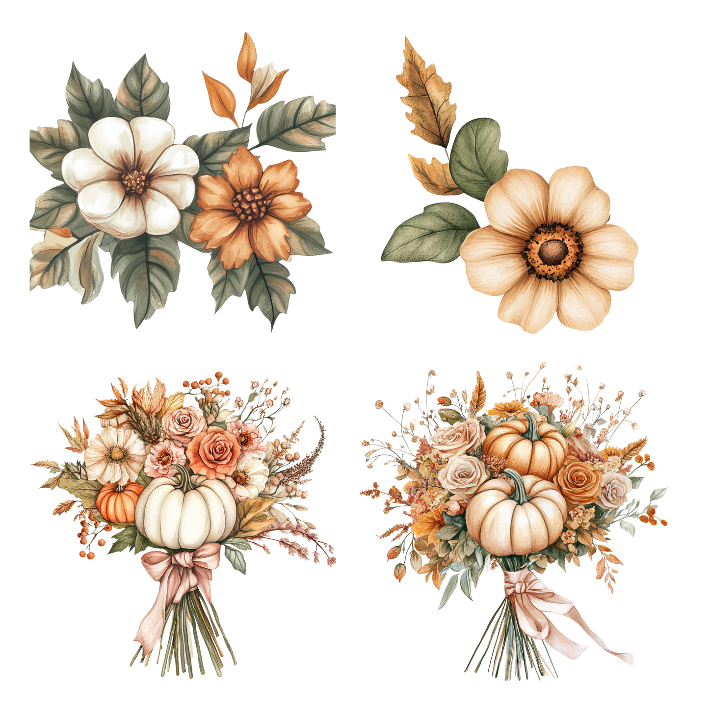 a bouquet of flowers and pumpkins on a white background