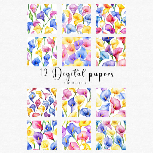 Papeles digitales de acuarela con lirios de cala coloridos