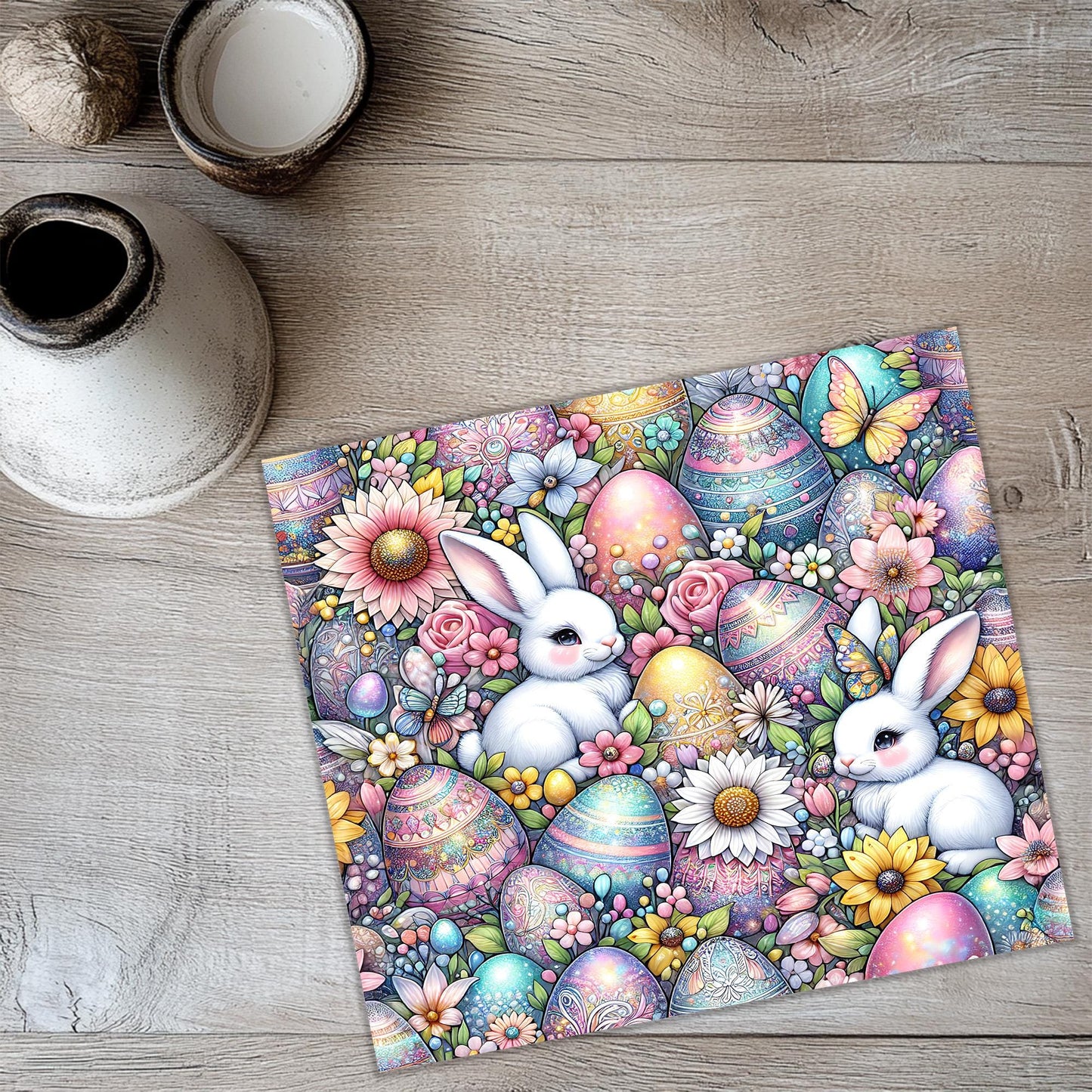 a painting of a bunny surrounded by flowers and eggs