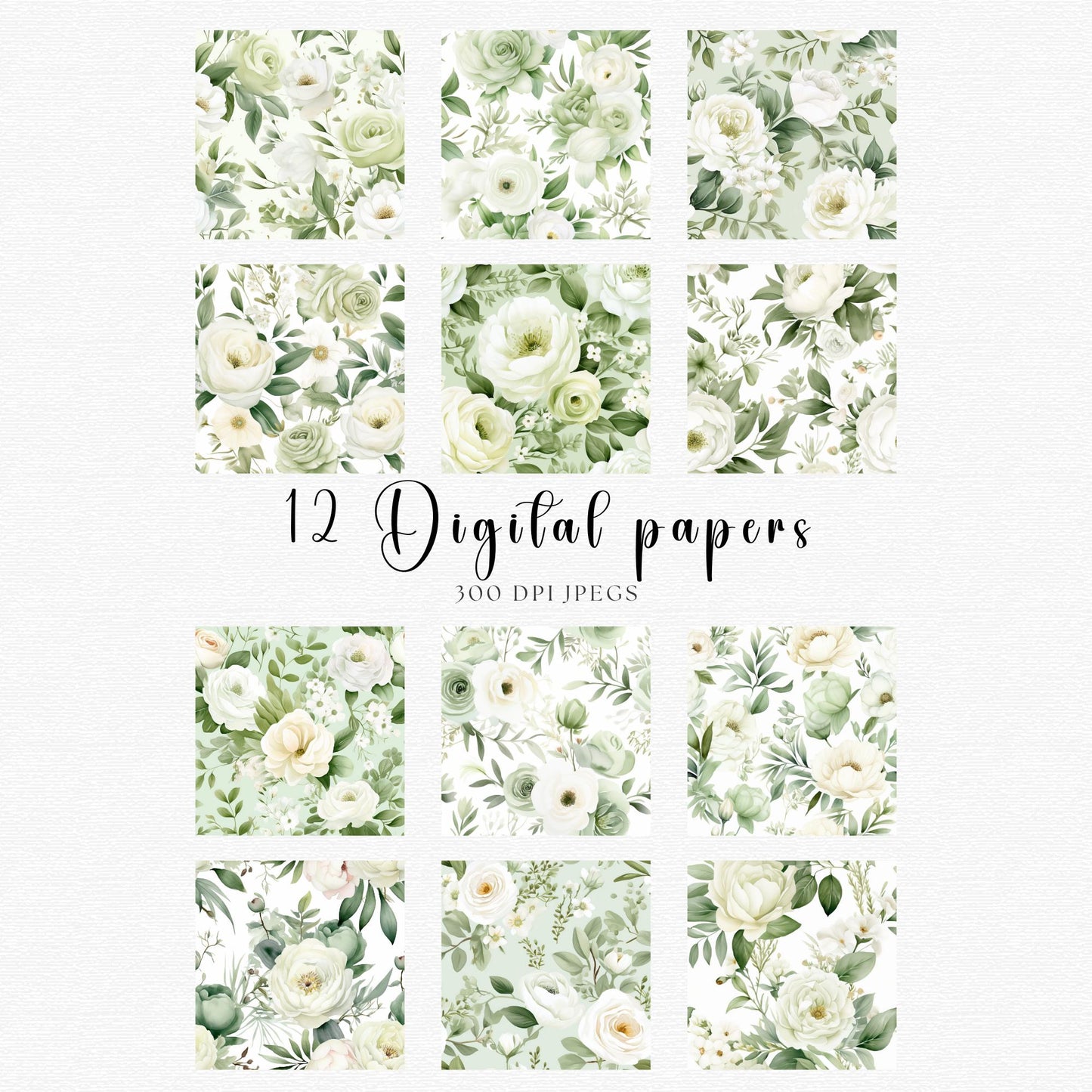 Watercolor Sage Green Floral Digital paper