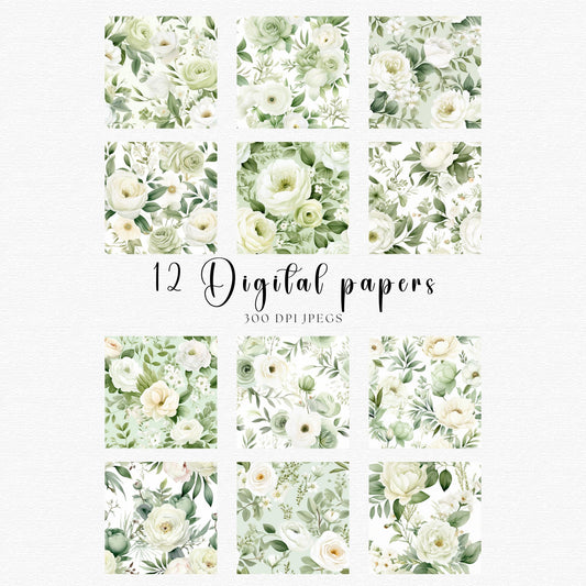 Papel digital floral verde salvia con acuarela