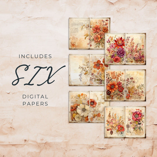 Páginas de diario basura con flores de otoño