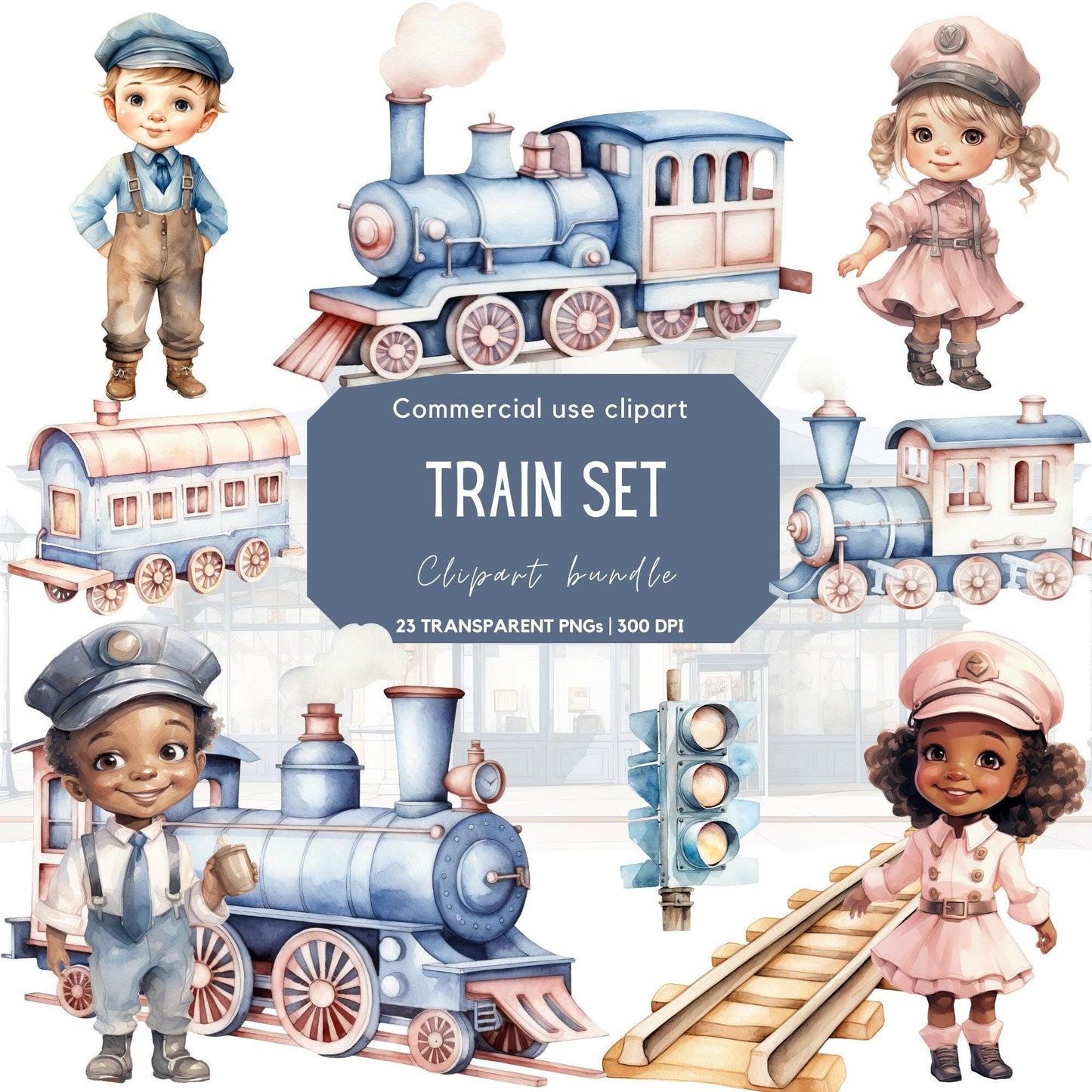 Watercolor Train set clipart