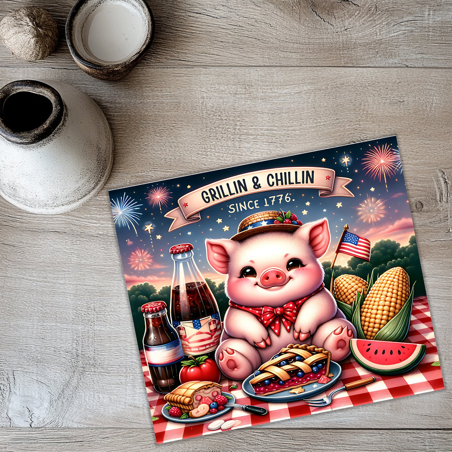 a picture of a pig on a picnic table
