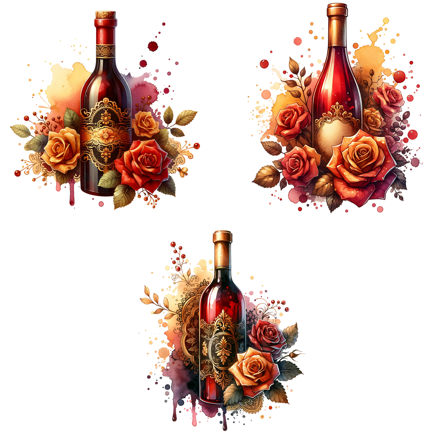 a set of three wine bottles with roses on them