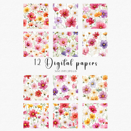 Papeles digitales florales Cosmos de acuarela