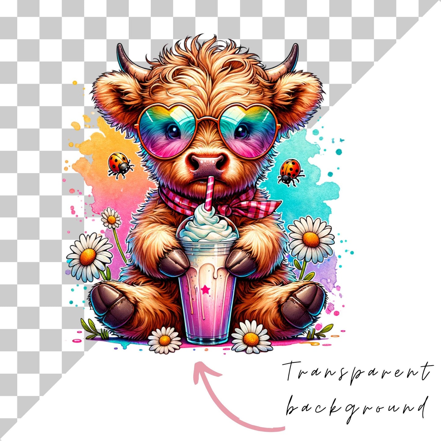Watercolor Spring Highland Cow Clipart