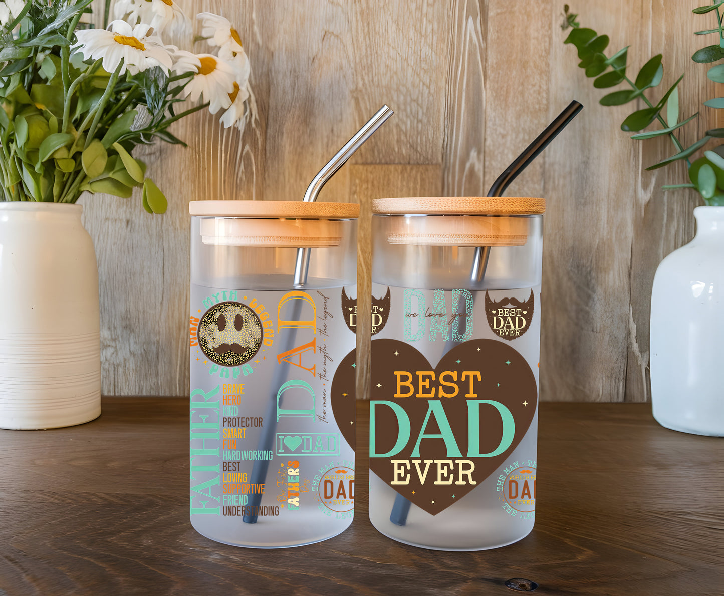 a couple of cups sitting on top of a wooden table
