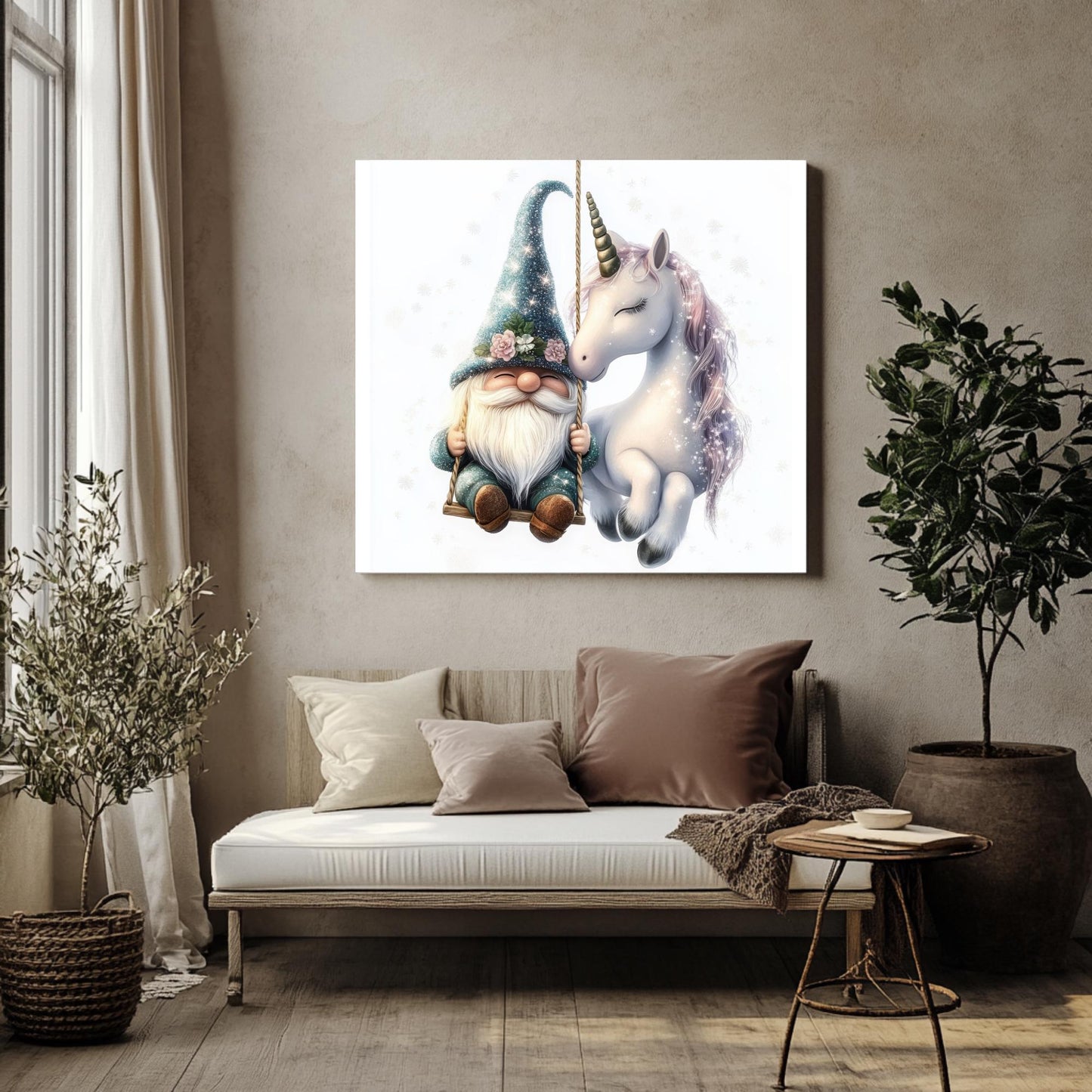 a painting of a unicorn and a gnome on a swing