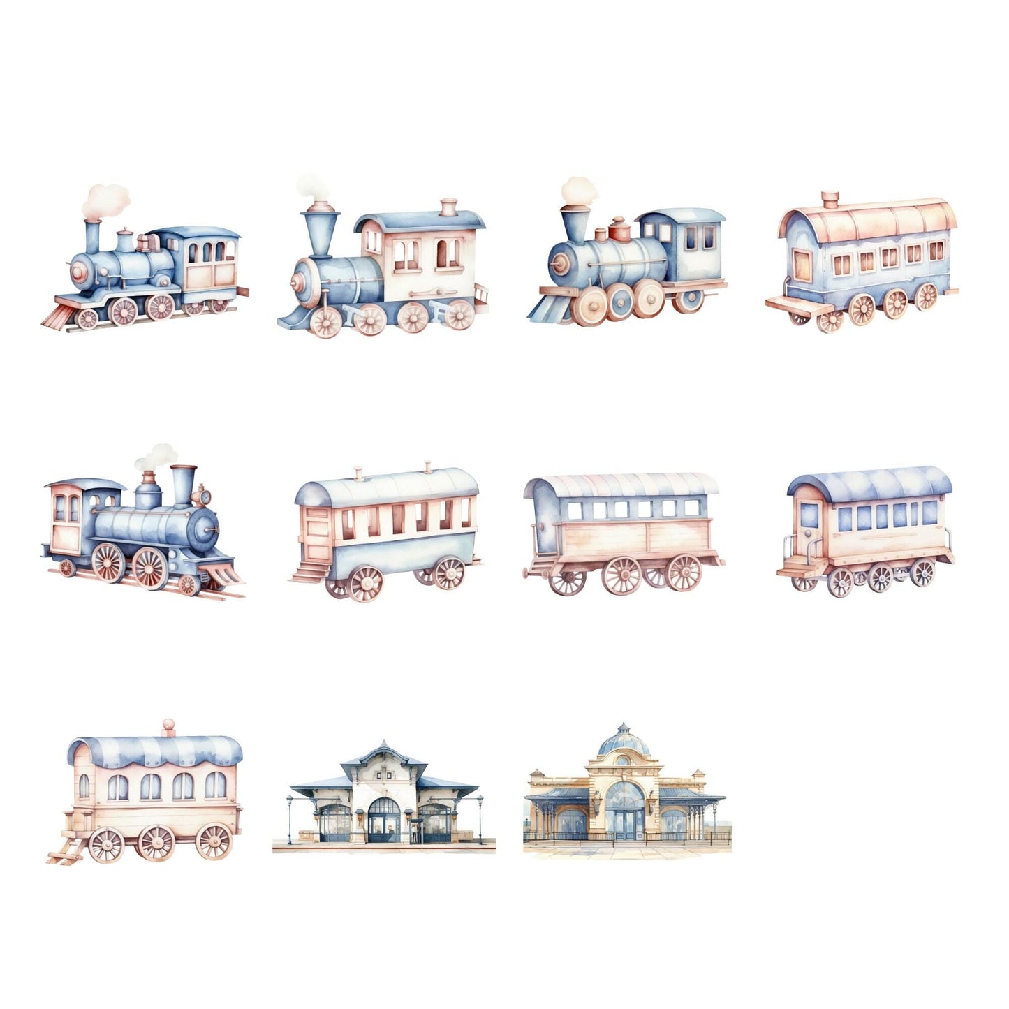 Watercolor Train set clipart