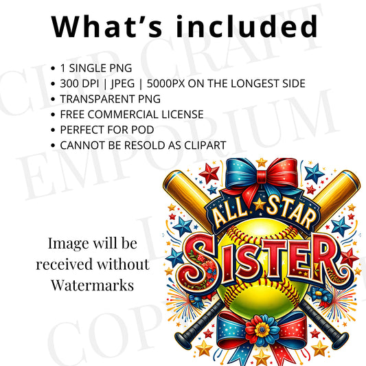 All Star Sister PNG – Patriotic Softball Sublimation Design for Game Day Shirts