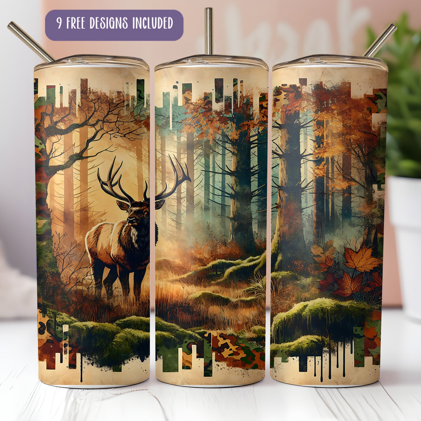 Camo Deer & Elk Hunting Season 20oz Tumbler Wrap – Sublimation PNG