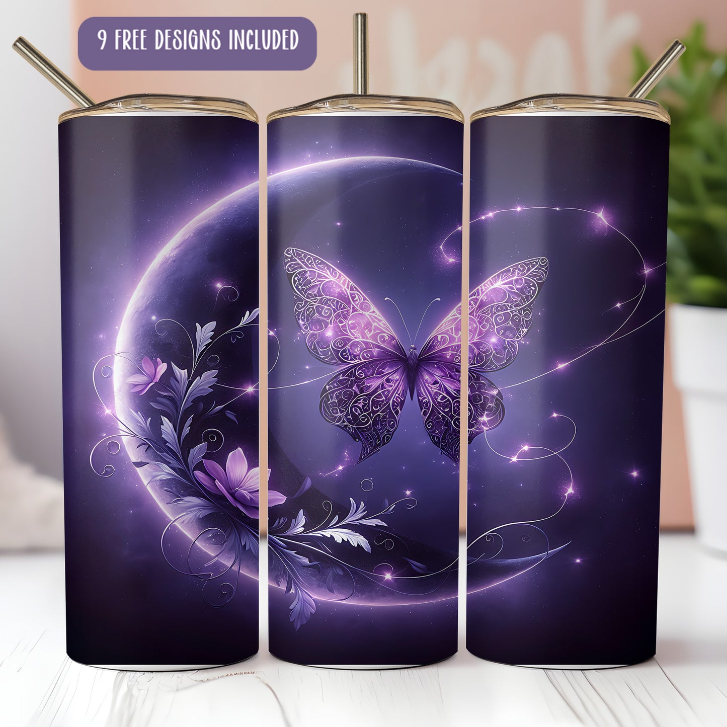 Purple Celestial Butterfly Tumbler Wrap PNG – 20oz Skinny Cosmic Sublimation Design