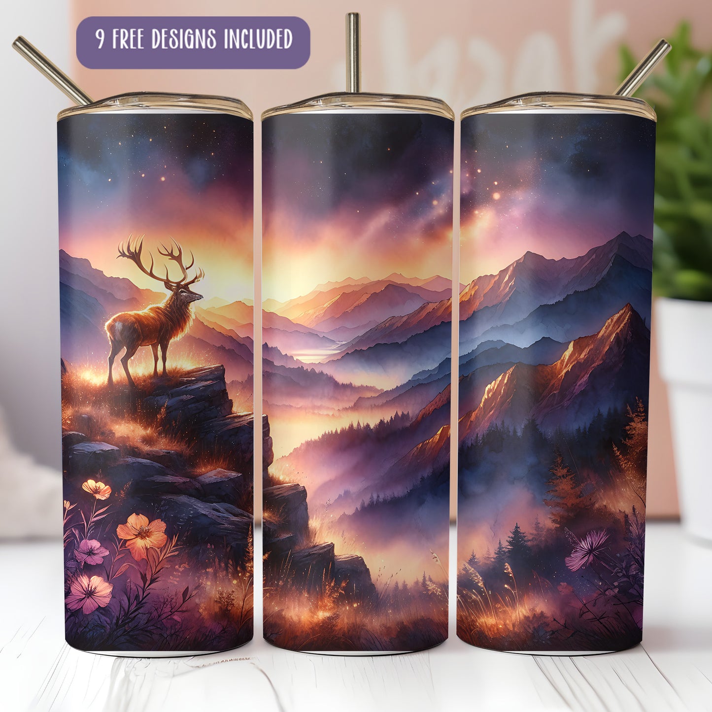 Deer at Sunset Tumbler Wrap PNG – 20oz Hunting Nature Scene for Sublimation