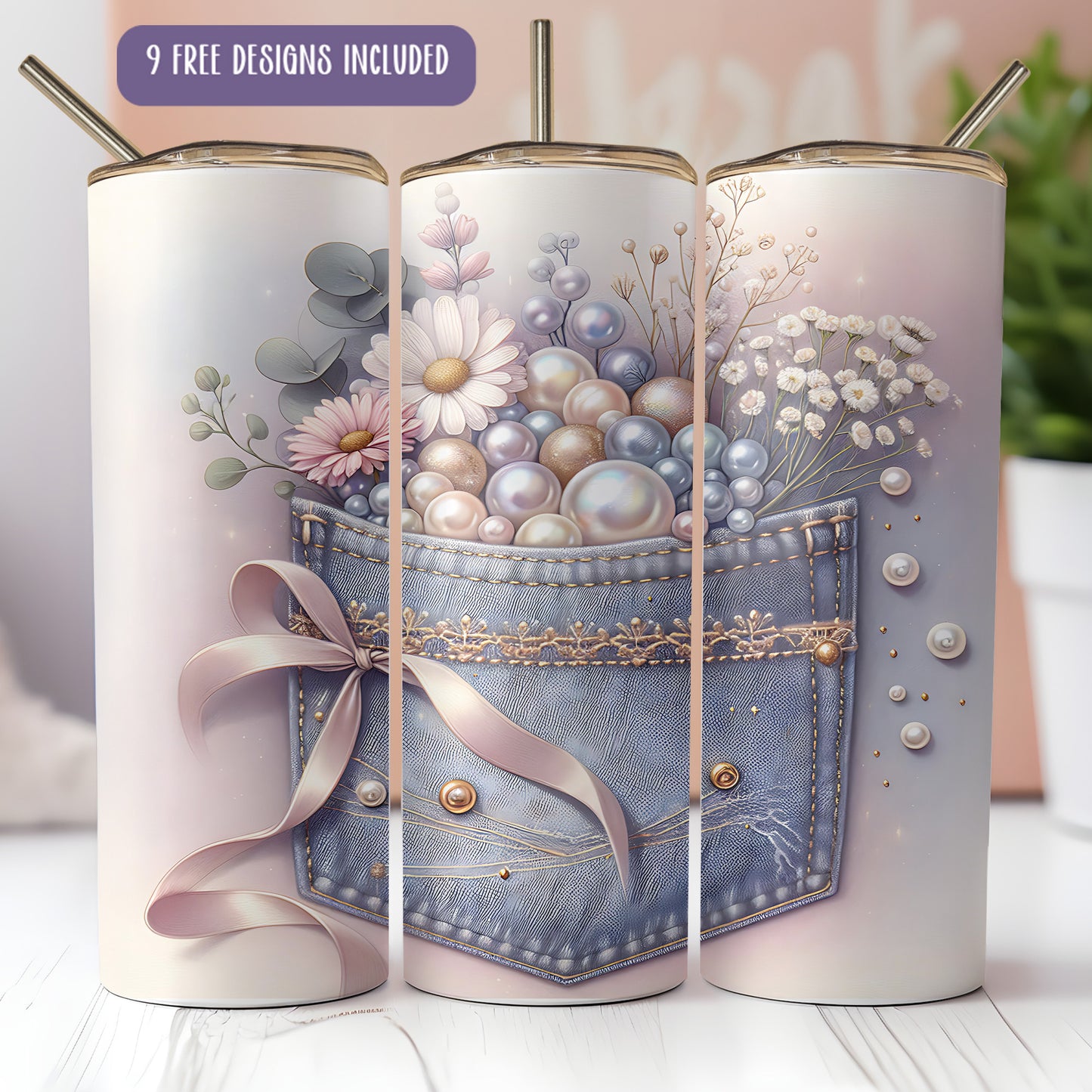 Denim and Pearls 20oz Tumbler Wrap – Blue Jeans, Bow & Pearls Sublimation PNG