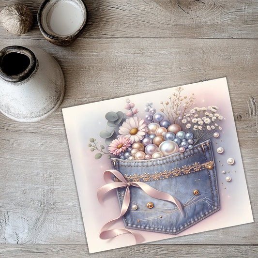 Denim and Pearls 20oz Tumbler Wrap – Blue Jeans, Bow & Pearls Sublimation PNG