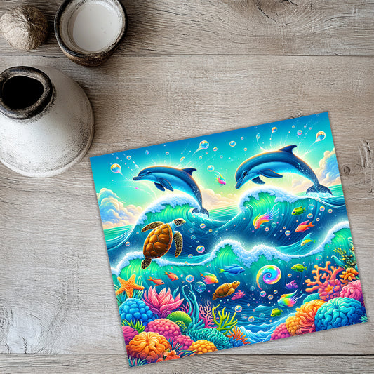 Dolphin and Sea Turtle Tumbler Wrap PNG | Tropical Ocean Sublimation