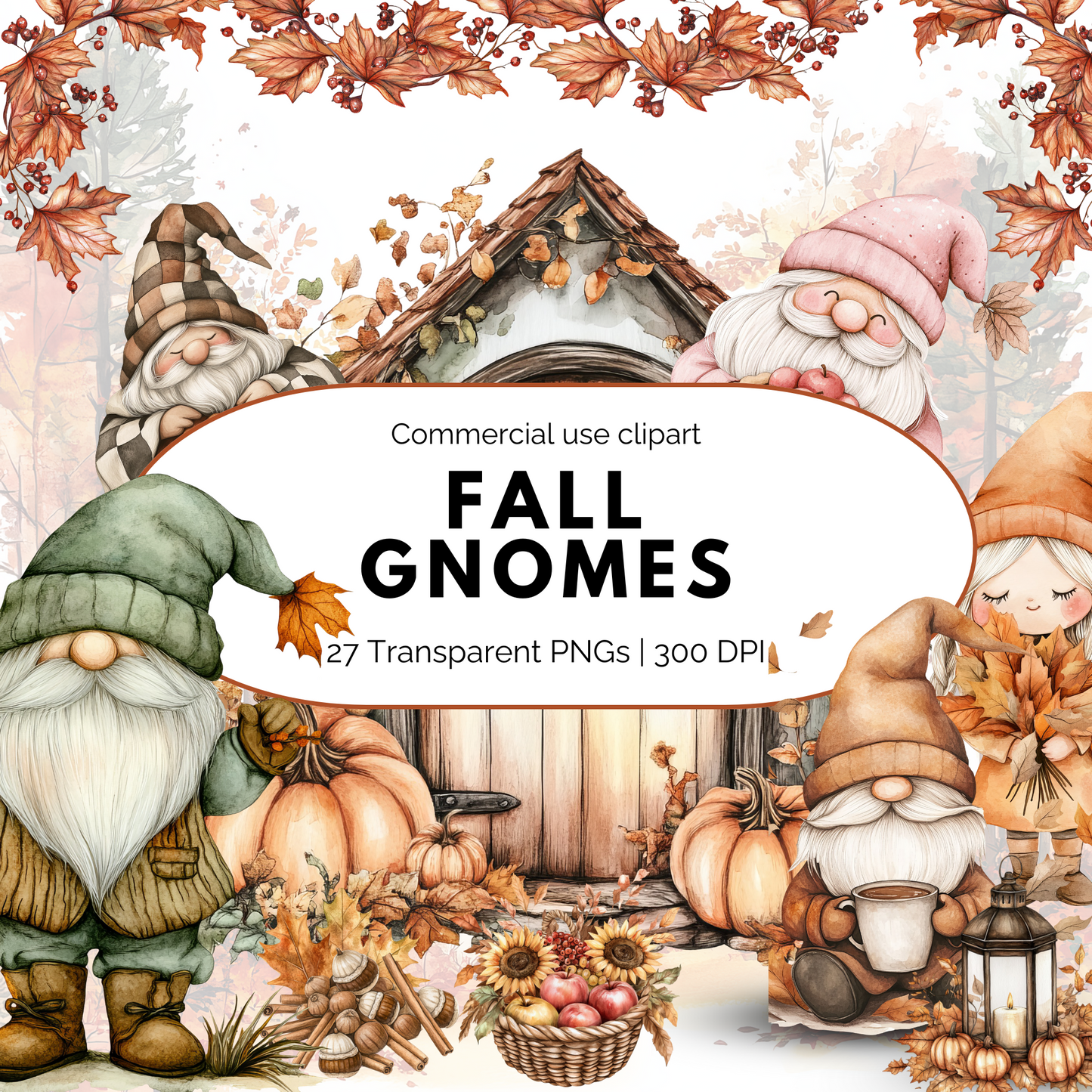 Watercolor Fall Gnomes Clipart PNG, Cute Autumn Gnome Sublimation, Thanksgiving Gnome Digital Download