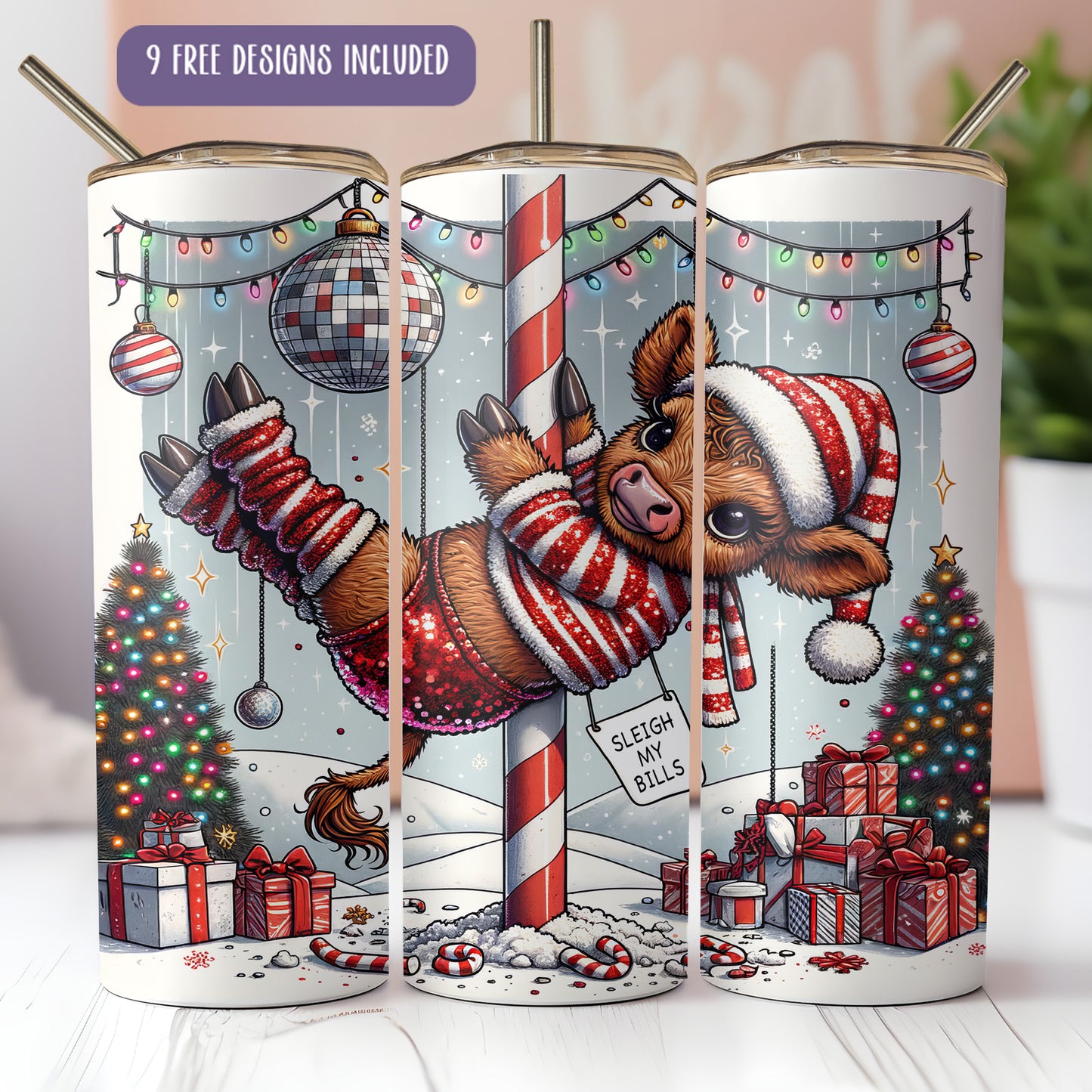 Funny Christmas Highland Cow Tumbler Wrap PNG | Holiday Sublimation