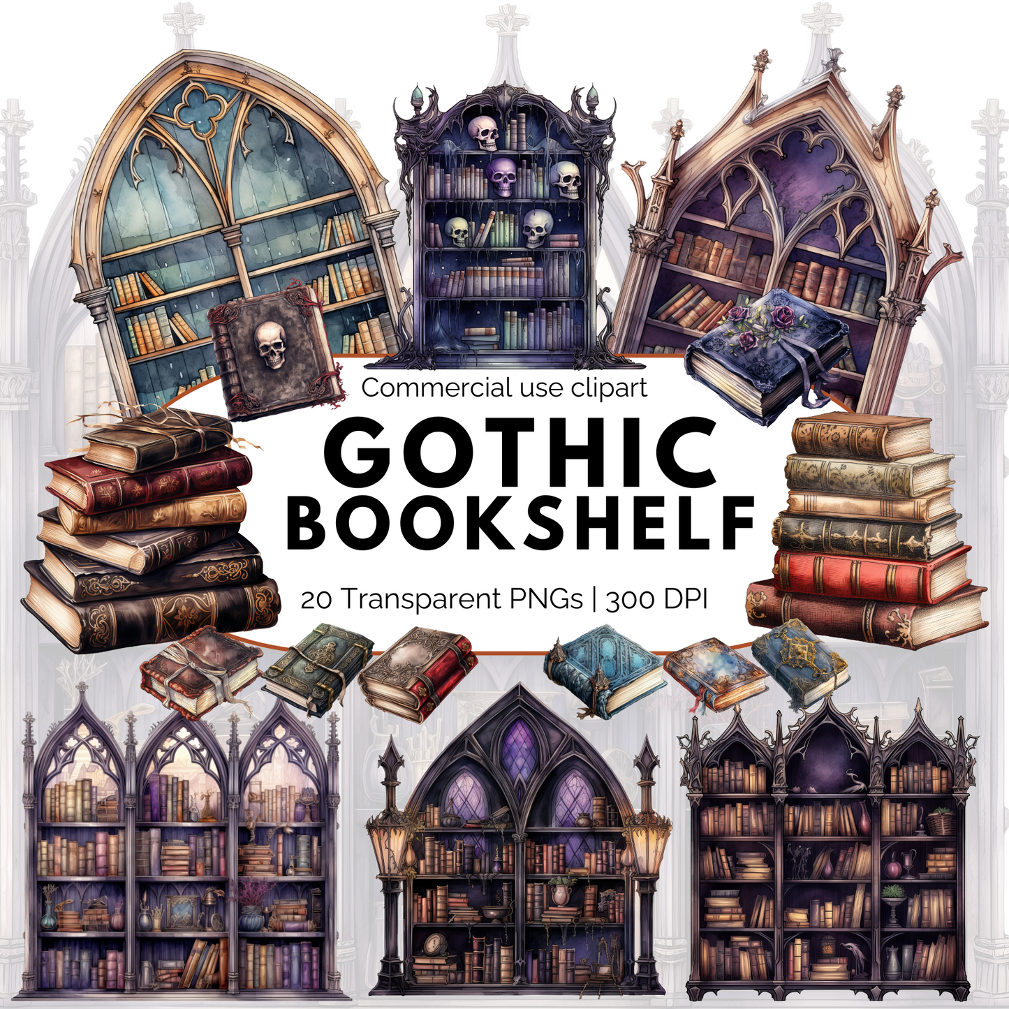 Watercolor Gothic Bookshelf Clipart