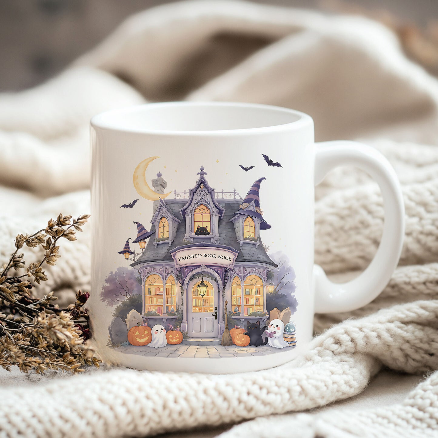 Haunted Fall Bookstore PNG – Cozy Autumn Bookish Halloween Sublimation Design