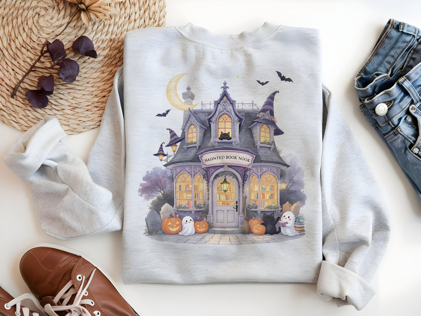 Haunted Fall Bookstore PNG – Cozy Autumn Bookish Halloween Sublimation Design