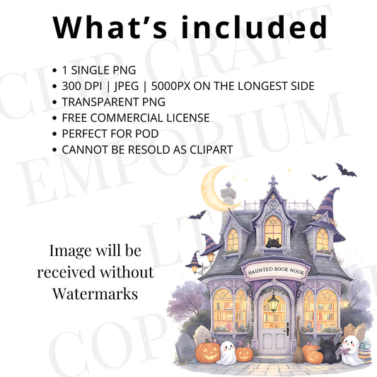 Haunted Fall Bookstore PNG – Cozy Autumn Bookish Halloween Sublimation Design