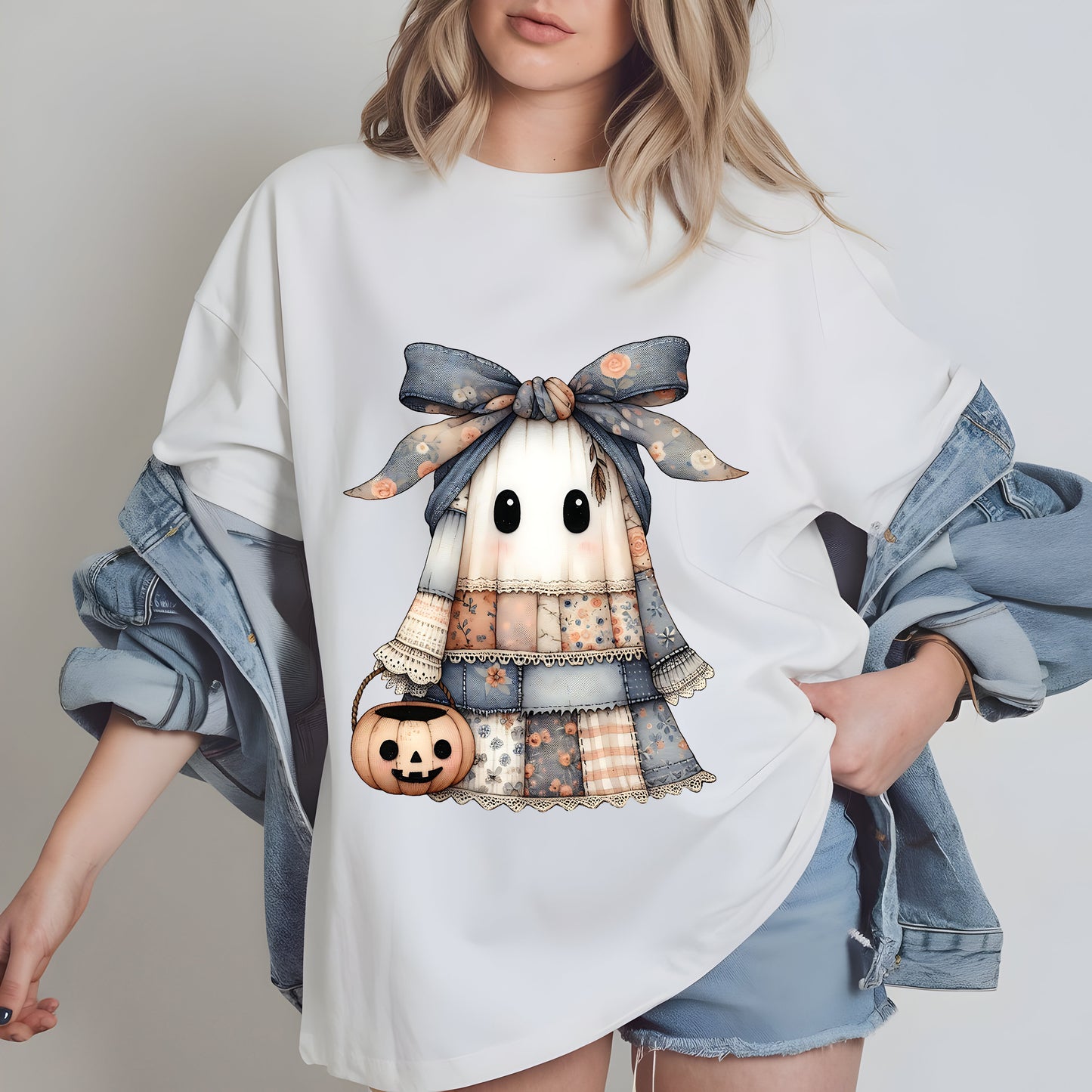 Patchwork Spooky Ghost PNG Halloween Sublimation Design