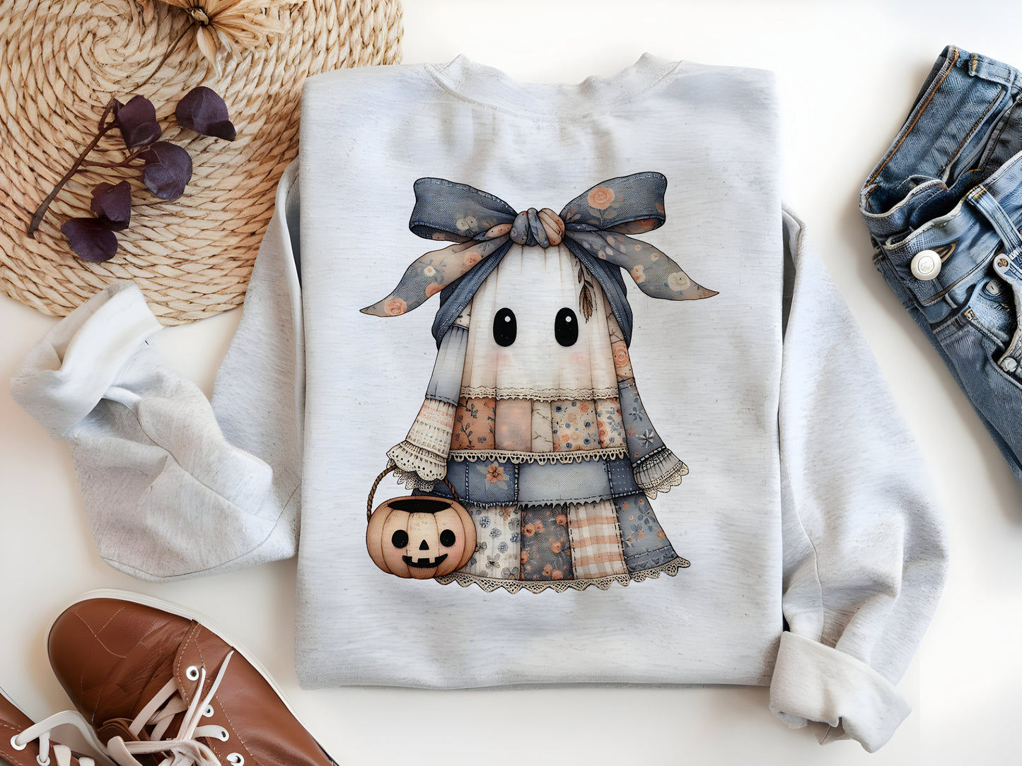 Patchwork Spooky Ghost PNG Halloween Sublimation Design