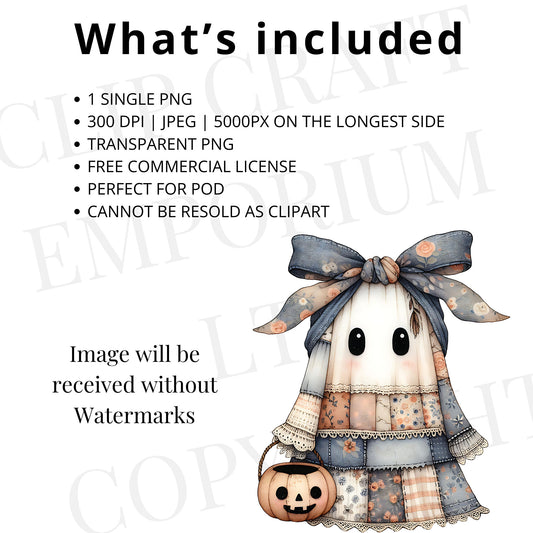 Patchwork Spooky Ghost PNG Halloween Sublimation Design