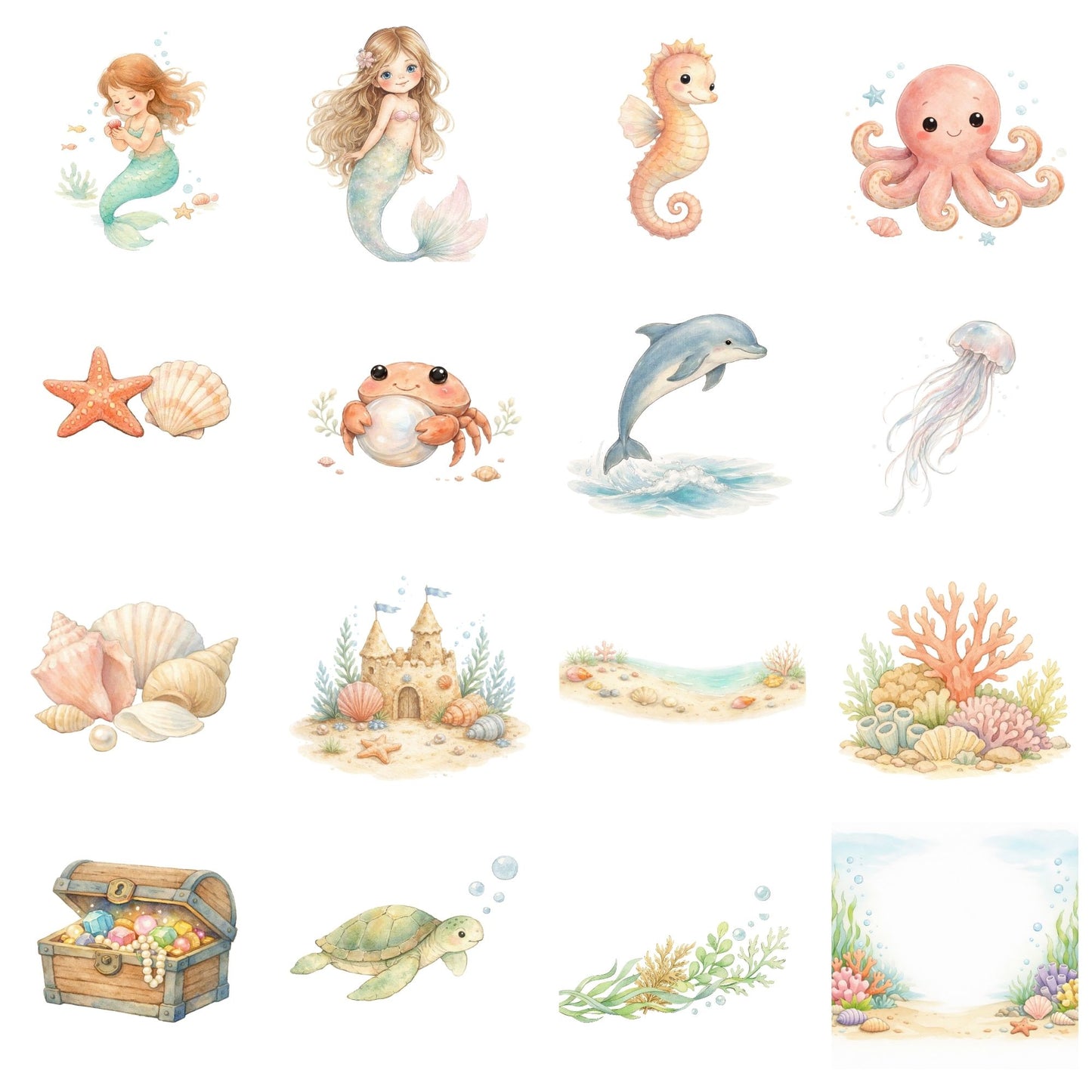 Under the Sea Clipart Bundle, Watercolor Mermaid Ocean Animals PNG for Kids Printables & Sublimation