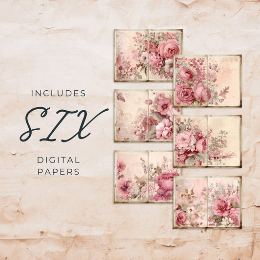 Páginas de diario basura florales en rosa empolvado | 6 páginas de diario digital florales | Álbum de recortes rosa empolvado | Papeles digitales | Tamaño de papel EE. UU. | JJ002