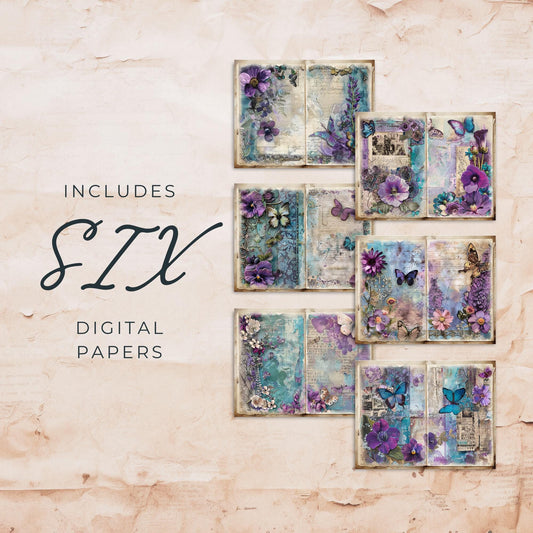 Purple and Teal Floral Junk Journal Pages Vol 2