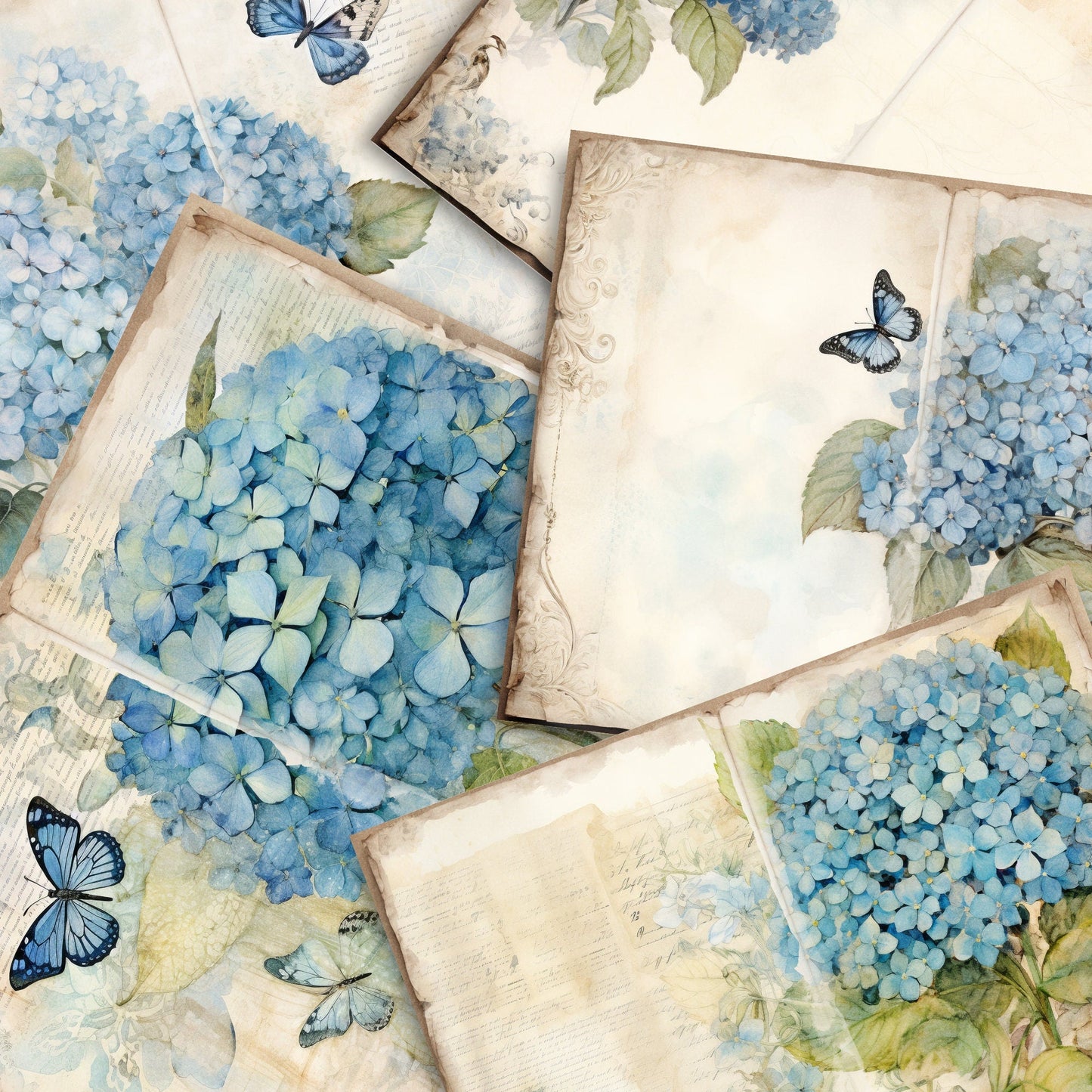 Páginas de diario basura con flores de hortensias azules