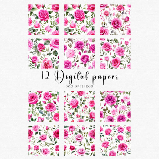 Fuchsia rose floral digital papers