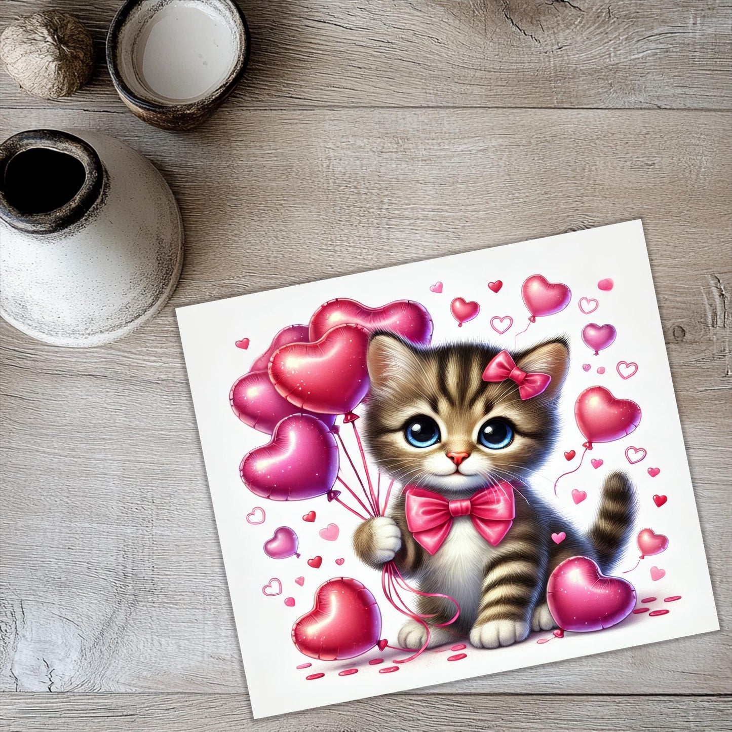 a picture of a kitten with heart balloons