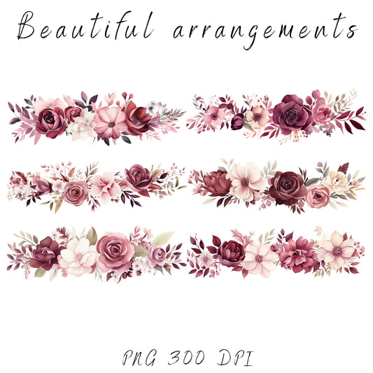 Paquete de imágenes prediseñadas florales en tonos burdeos y ruborizados