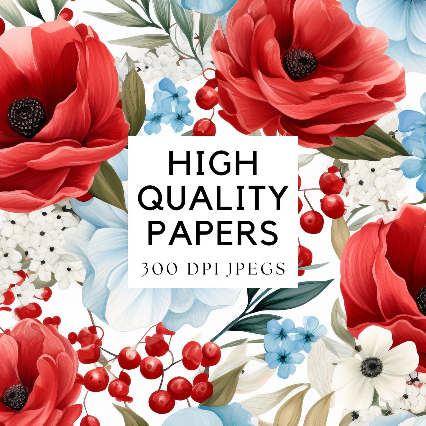 Watercolor 4th July Floral Digital Papers